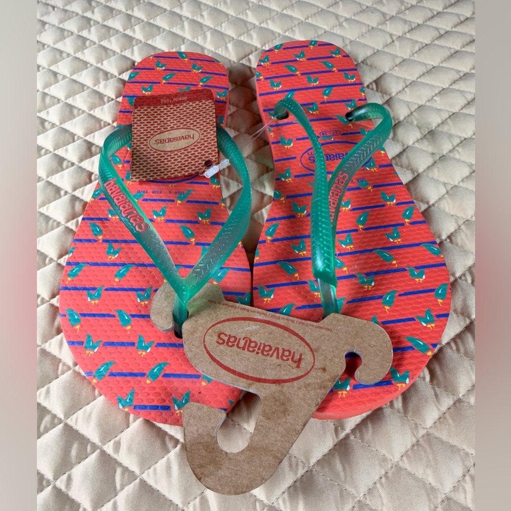 Havaianas Salmon Orange and Green Flip Flops, Size 7/8; 37/38, NWT